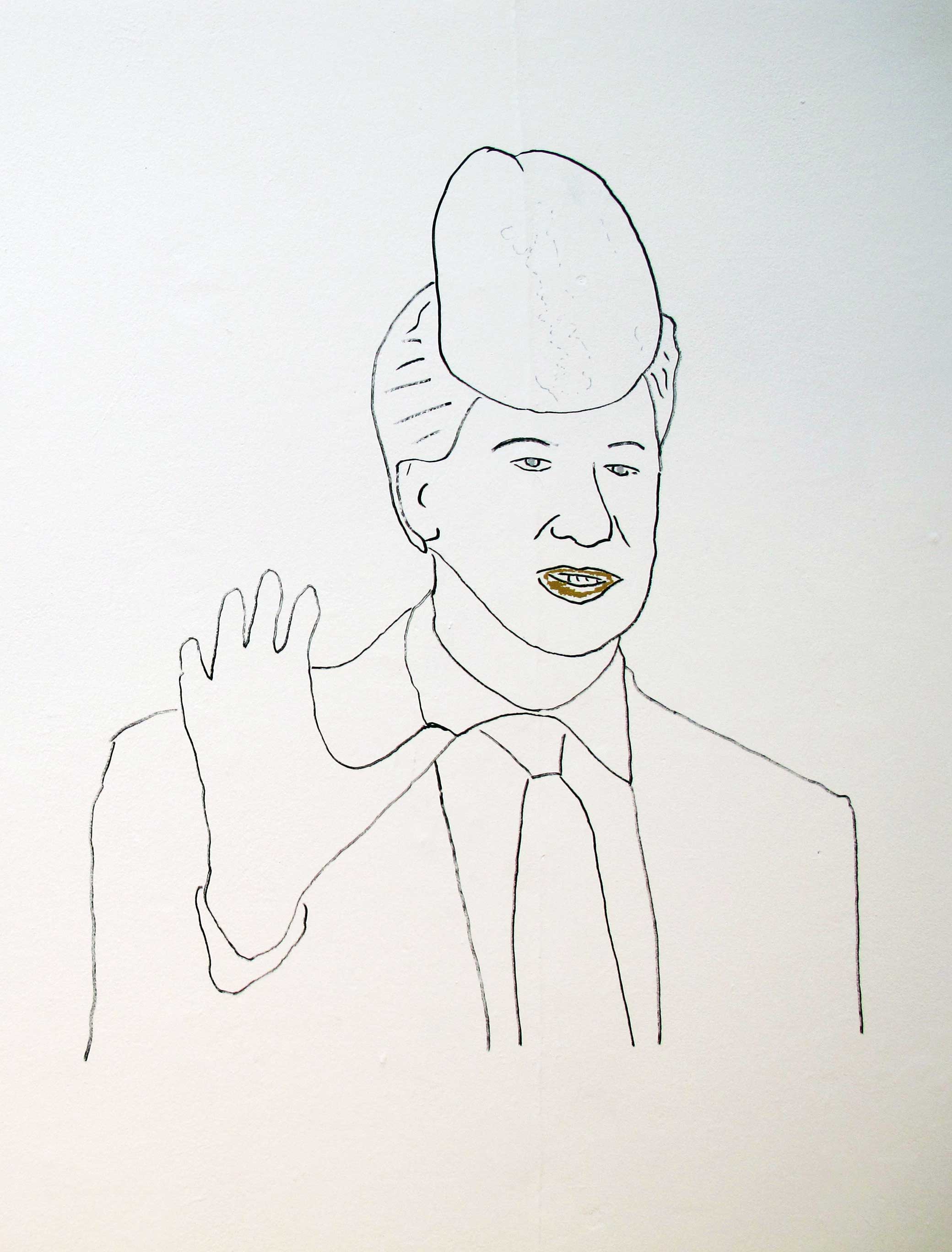 a hand drawn image of a man waving with the top of a penis on his head