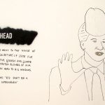 hand drawn image of a man waving with the top of a penis on his head with text to the left hand side
