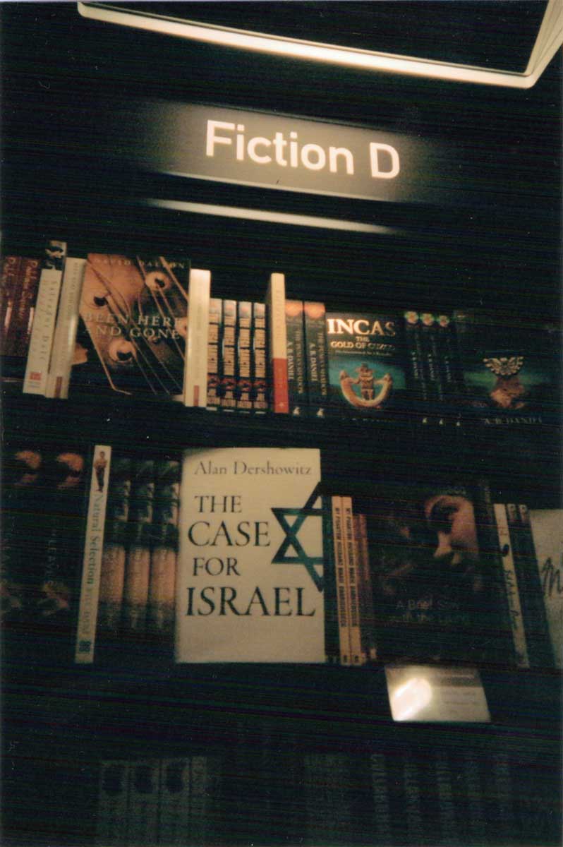 The fiction section in a book shop with a book called "The Case for Israel" facing front